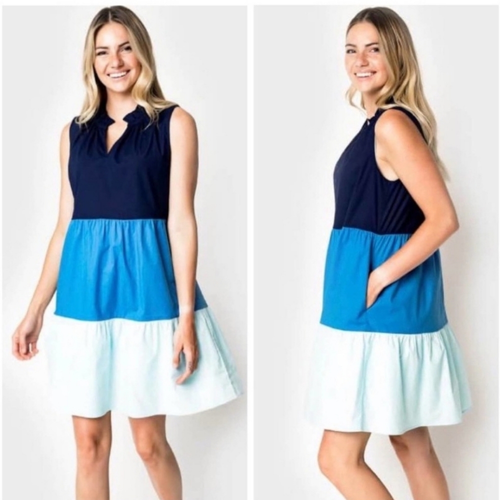 Gibson tiered ruffle Tri-color casual cotton dress style CSP9592 size Small
